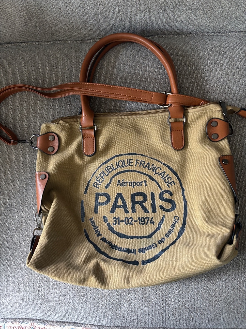 Paris Canvas Tote Bag with Brown Trim
